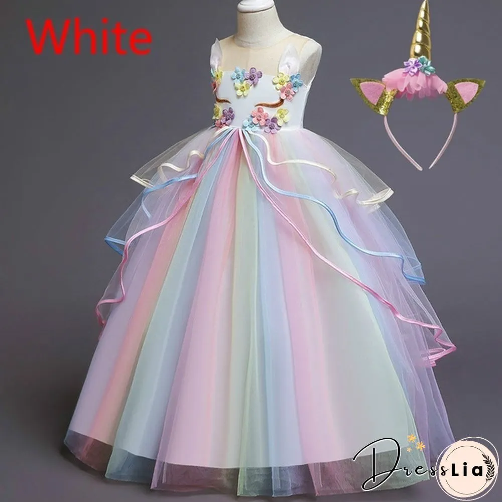 Summer Kids Girl Layered Tulle Unicorn Outfits Dress Headband for Carnival Halloween