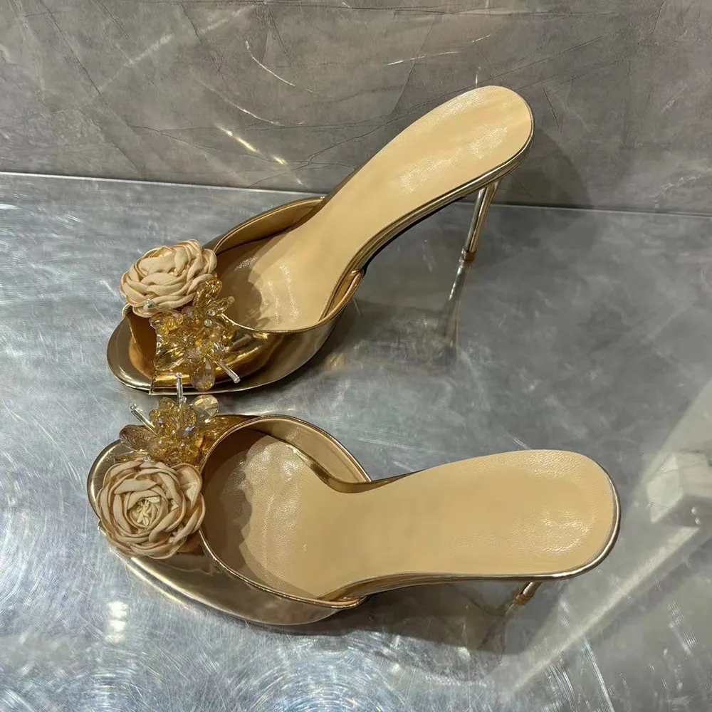 Women's 100mm High Heels Elegant Gold Floral Mules Sandals Stilettos For Wedding Party