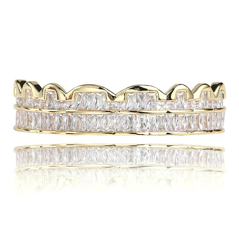 Iced Out Gold Plated Hip Hop Baguette CZ Teeth Grillz To&Bottom Set-VESSFUL