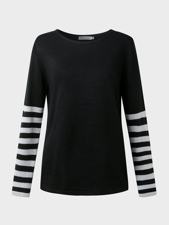 Black Round Neck Striped Cotton-Blend Casual Shirts & Tops S184- Fabulory