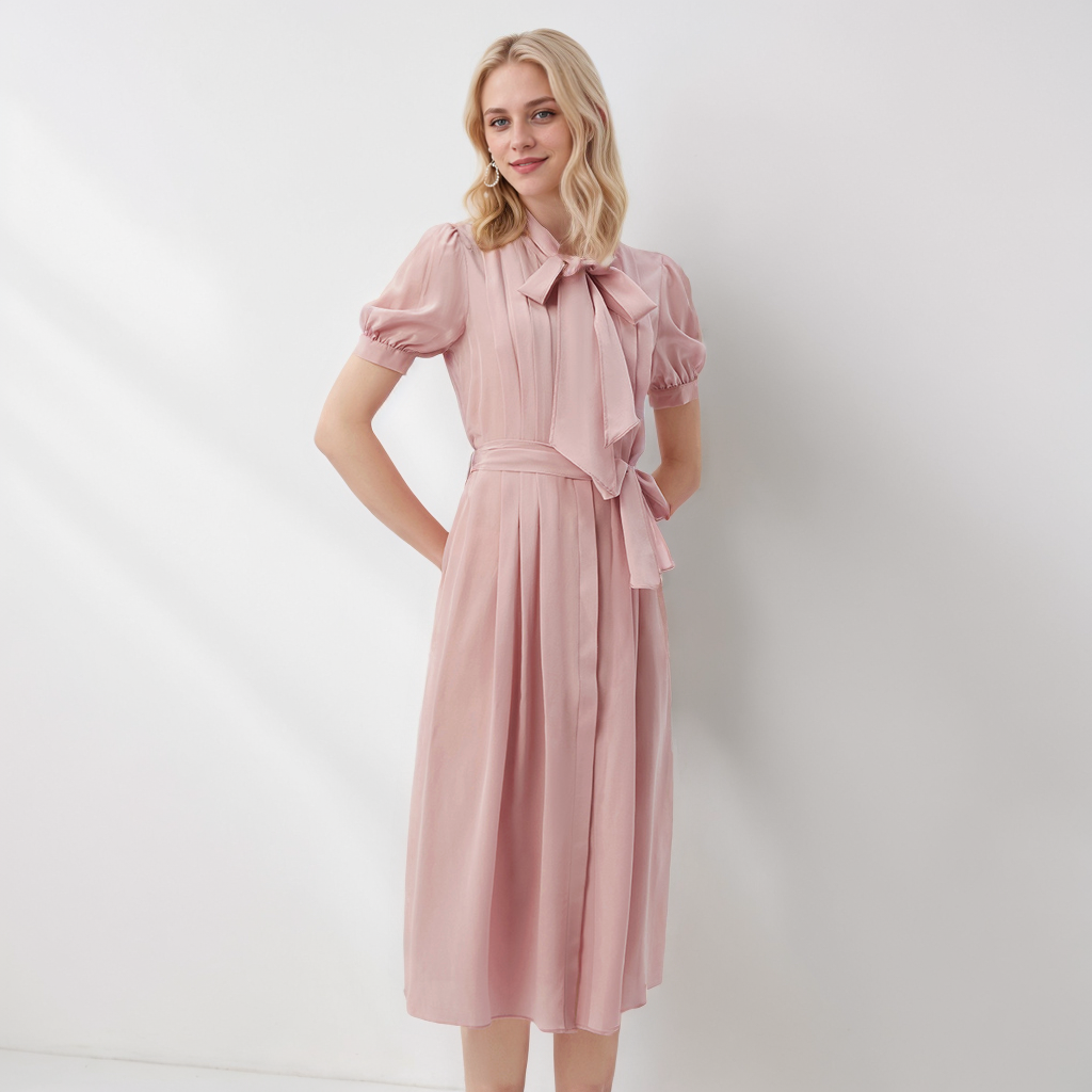 Gentle Pink Silk Dress with Puff Sleeves for Romantic Occasions REAL SILK LIFE