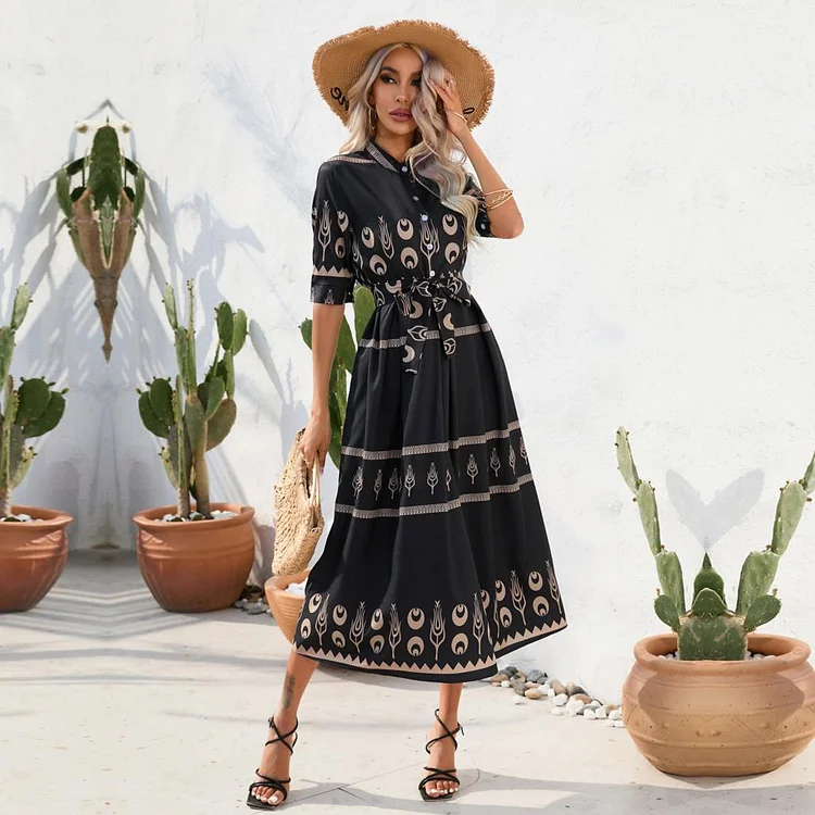 Women's Summer Ethnic Style Print High Waist A-Line Tie Fashion Midi Dress