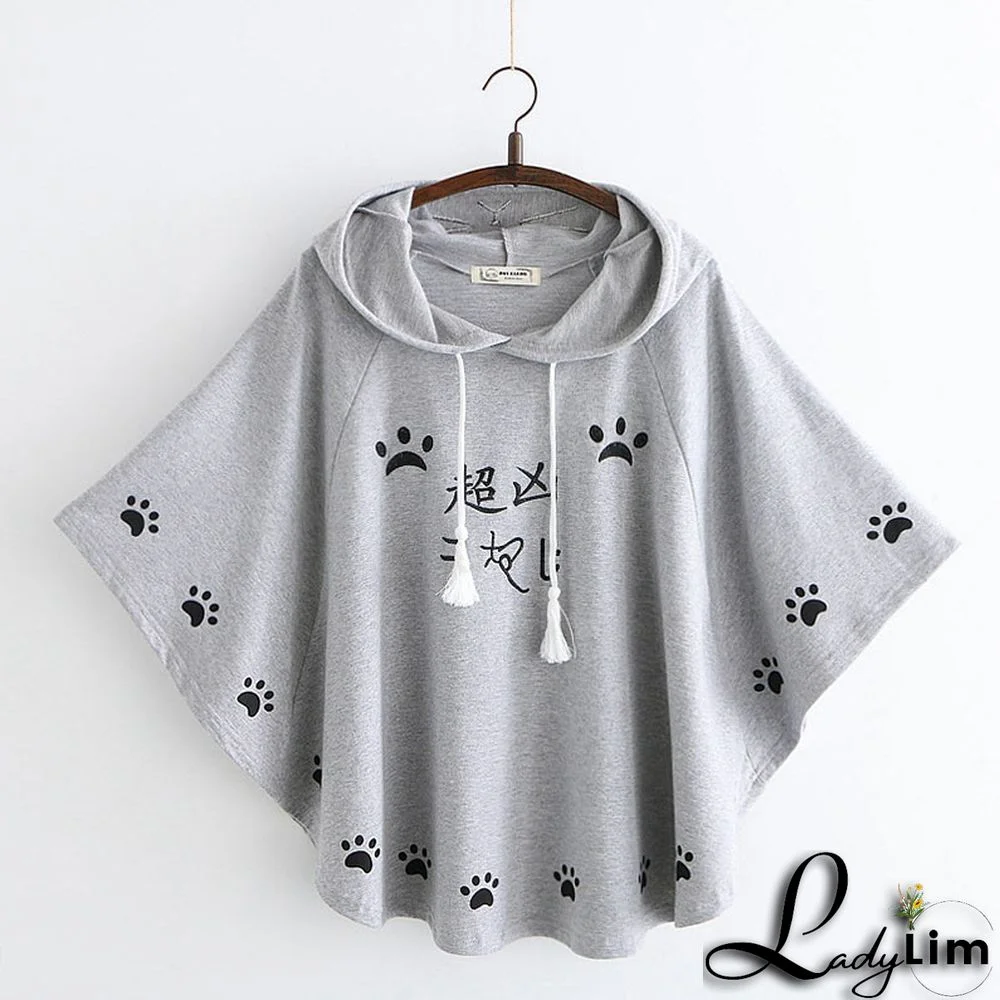 Cartoon Kitty Paw Print Plush Hooded Cloak Coat