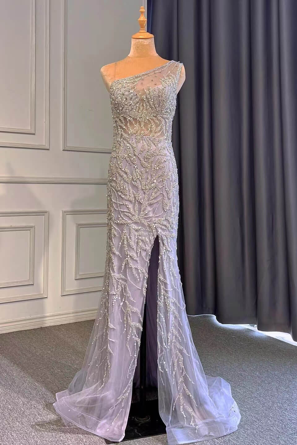 Oknass Light Purple Mermaid Beads One Shoulder Prom Dress With Long Ruffles Appliques Front Split