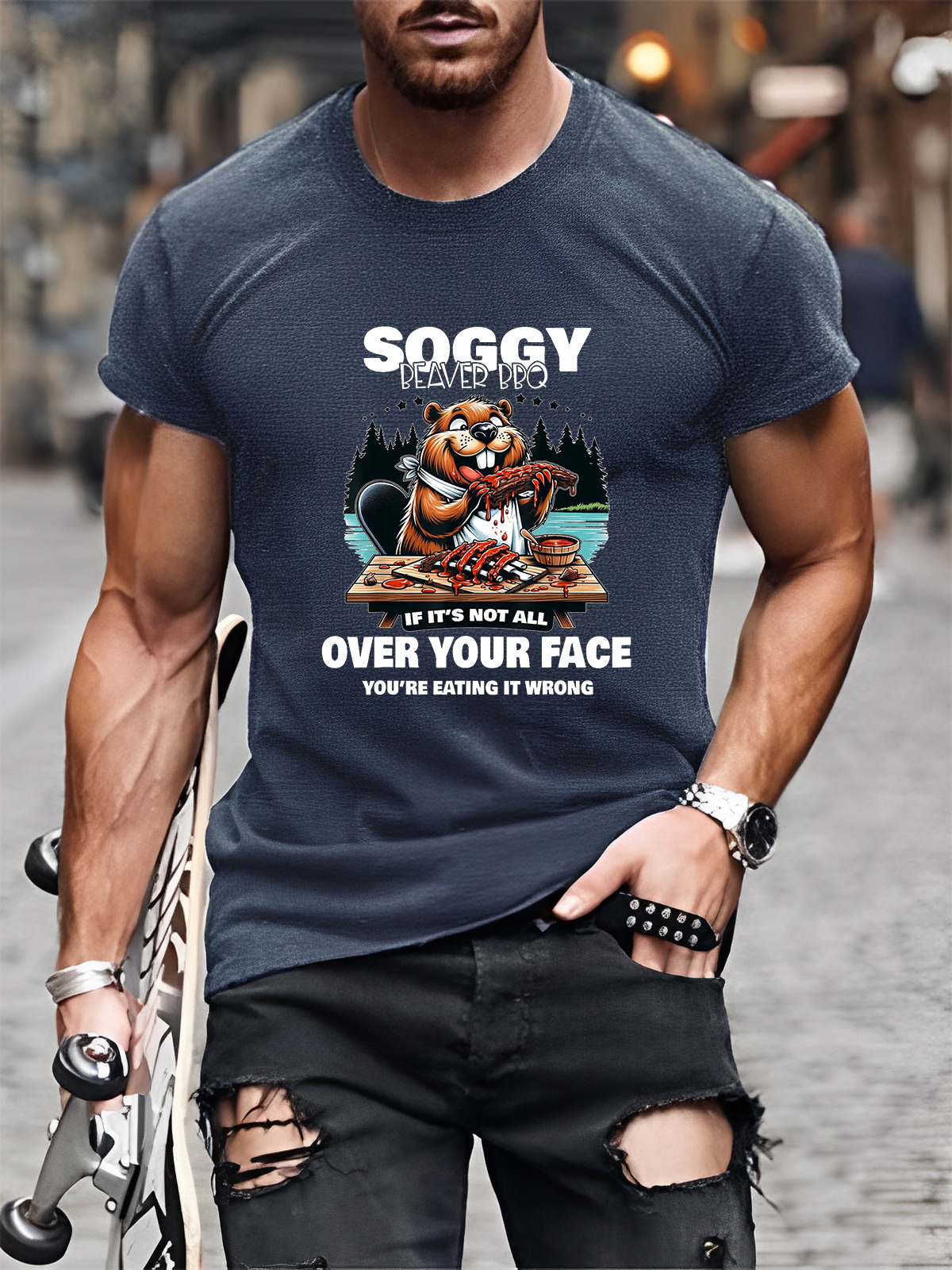 Men's Soggy Beaver BBQ If It's Not All Over Your Face Beaver Graphic T-Shirt
