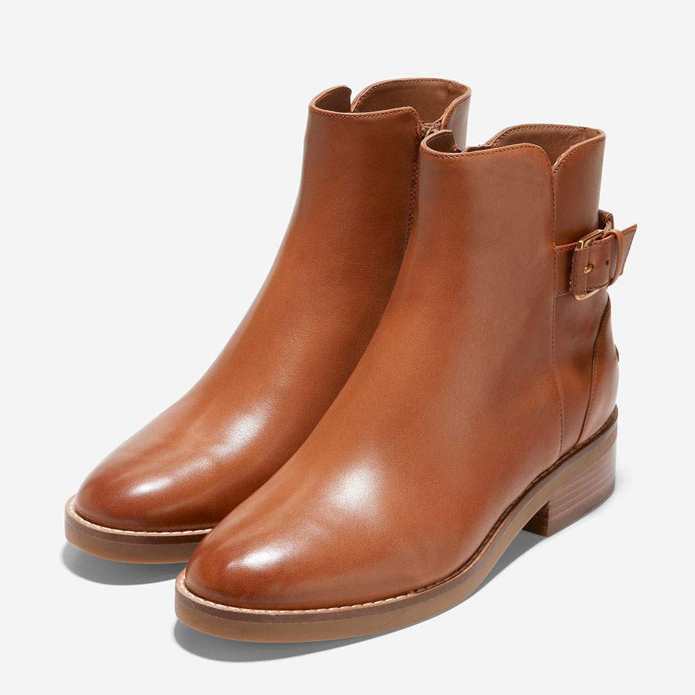 Brown Buckle Strap Round Toe Low Heel Ankle Boots with Zipper Nicepairs