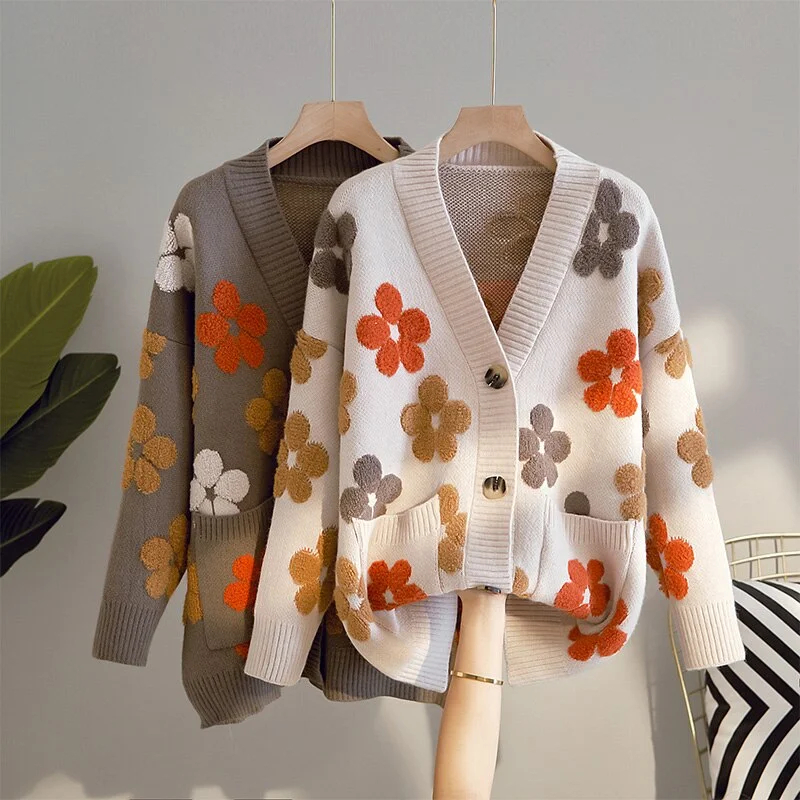 Autumn Winter Fashion 2021 Korean Style Women Casual Sweater and Cardigans Long Sleeve V Neck Button Up Oversized Jacket 16049