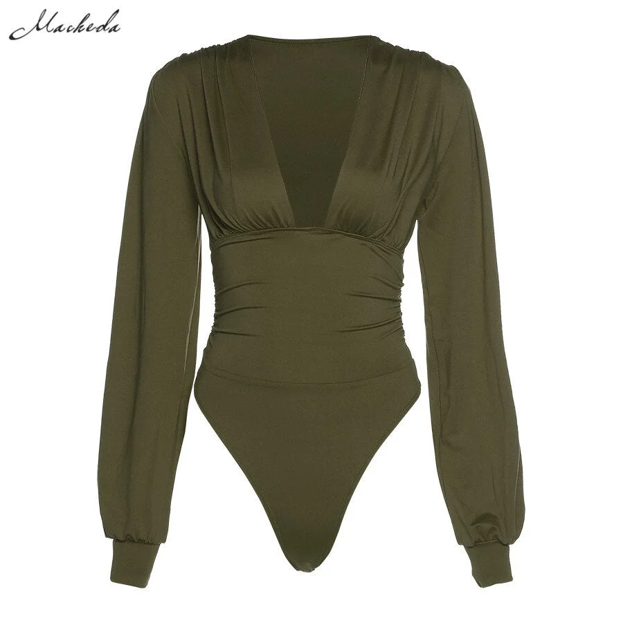 Macheda Autumn Solid Sexy Bodysuit Women Long Sleeve Deep V Neck Fashion Clothing Lady Casual Slim Body Suits 2020 New