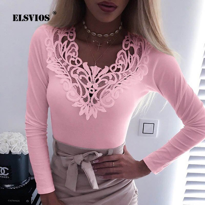 Elegant Sexy V Neck Backless Slim Blusa Tops 2020 Spring Lace Hollow Out Blouses Shirt Women Autumn Solid Long Sleeve Blouse 5XL