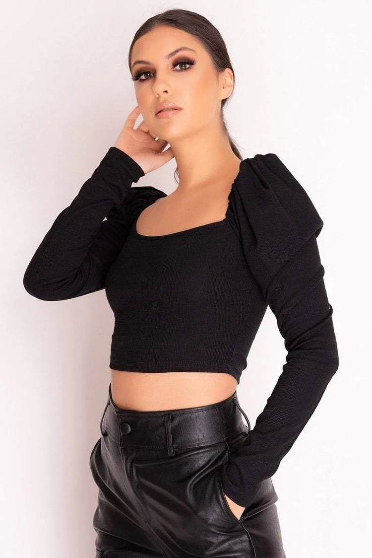 Black Puff Shoulder Crop Top Katch Me