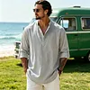 Men's Retro Vacation-Style Cotton-Linen Long-Sleeve Henley Shirt by Inlyline