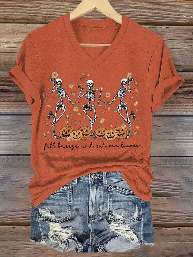 Women's Fall Breeze And Autumn Leaves Casual V-Neck Tee 