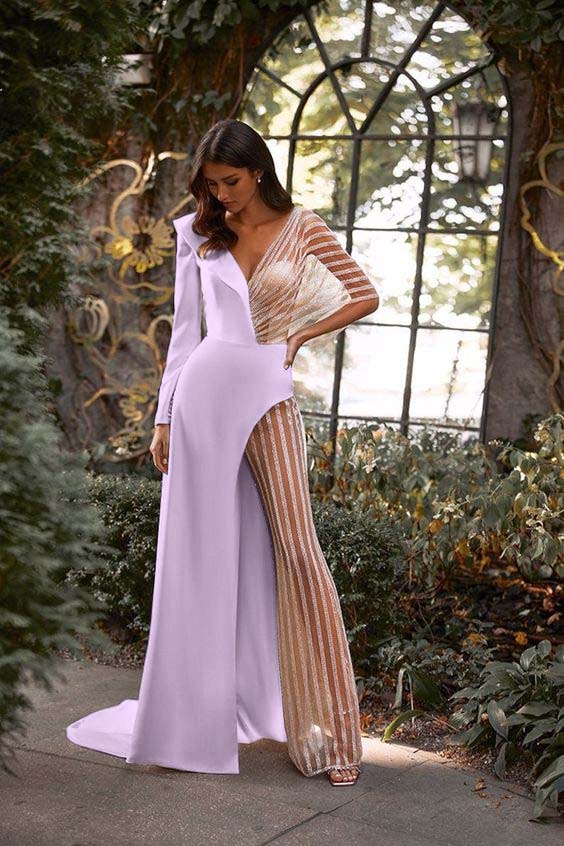 Hidais Patchwork White V Neck Long Sleeves High Waist Long Wid-Leg Jumpsuit with Tulle
