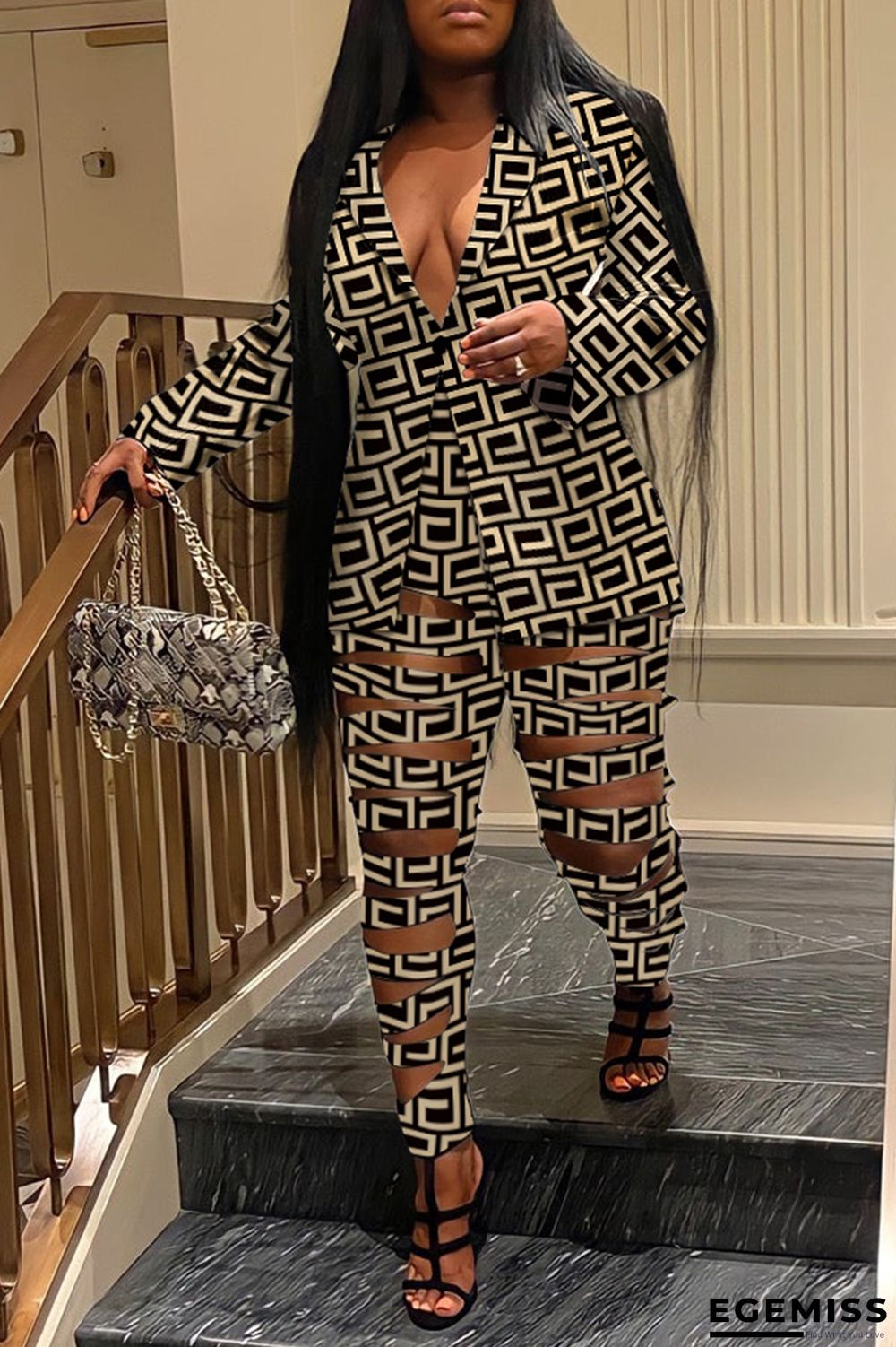 Khaki Sexy Street Print Hollowed Out Turn-back Collar Two Pieces | EGEMISS