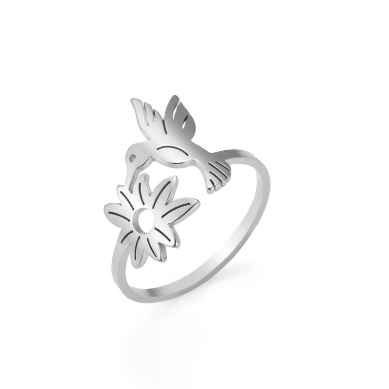 Cute Flower Bird 304 Stainless Steel 18K Gold Plated Hollow Out Rings