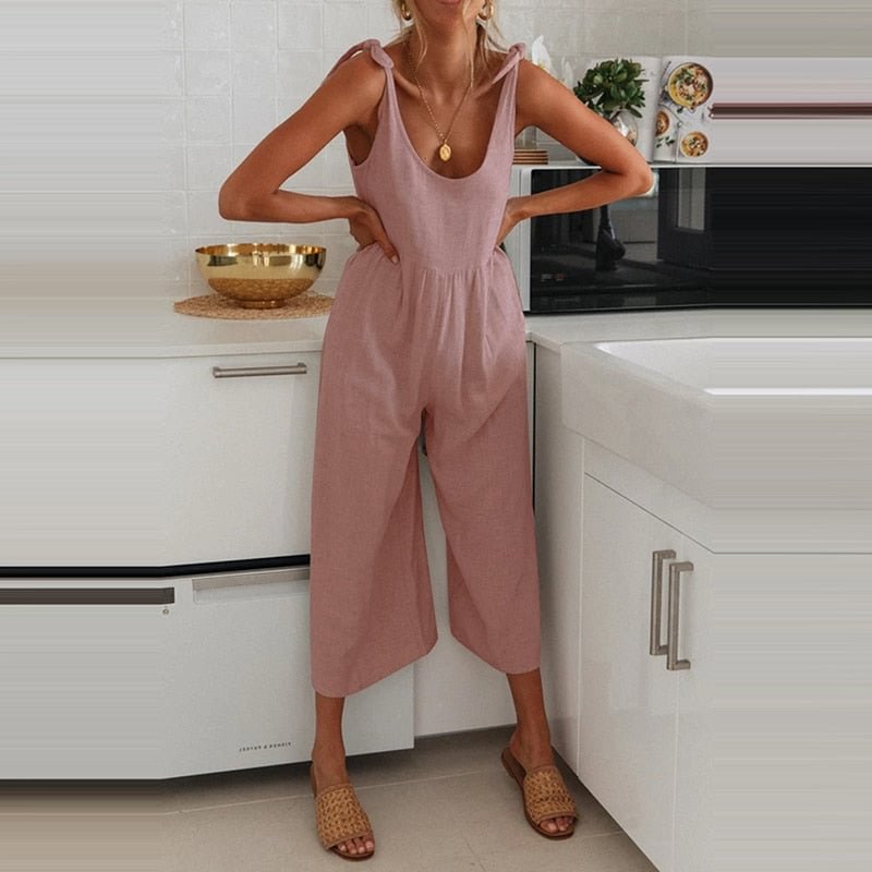 2022 Summer Fashion New Sling Cotton And Linen Jumpsuit Casual Sleeveless Solid Color Loose Slim Jumpsuit Elegant Beach Jumpsuit