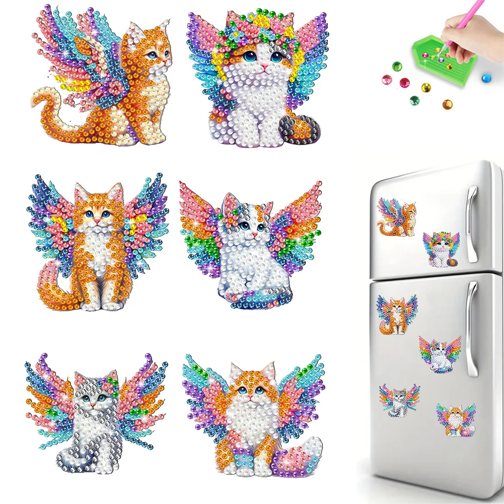 6Pcs Angel Cat Acrylic Diamond Painting Refrigerator Magnet for Home Decor