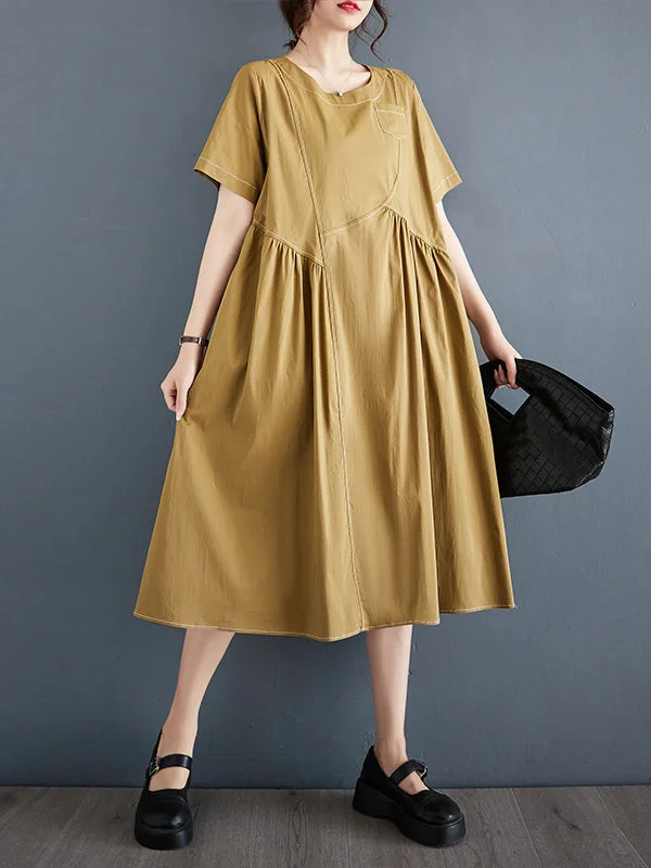 Asymmetric Pleated Pockets Pure Color Split-Joint A-line Roomy Round-neck Midi Dresses