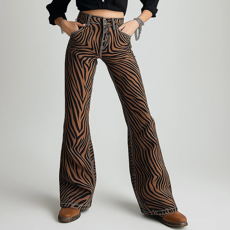 Ursime High Rise Brown Zebra Stripes Flare Leg Denim Jeans
