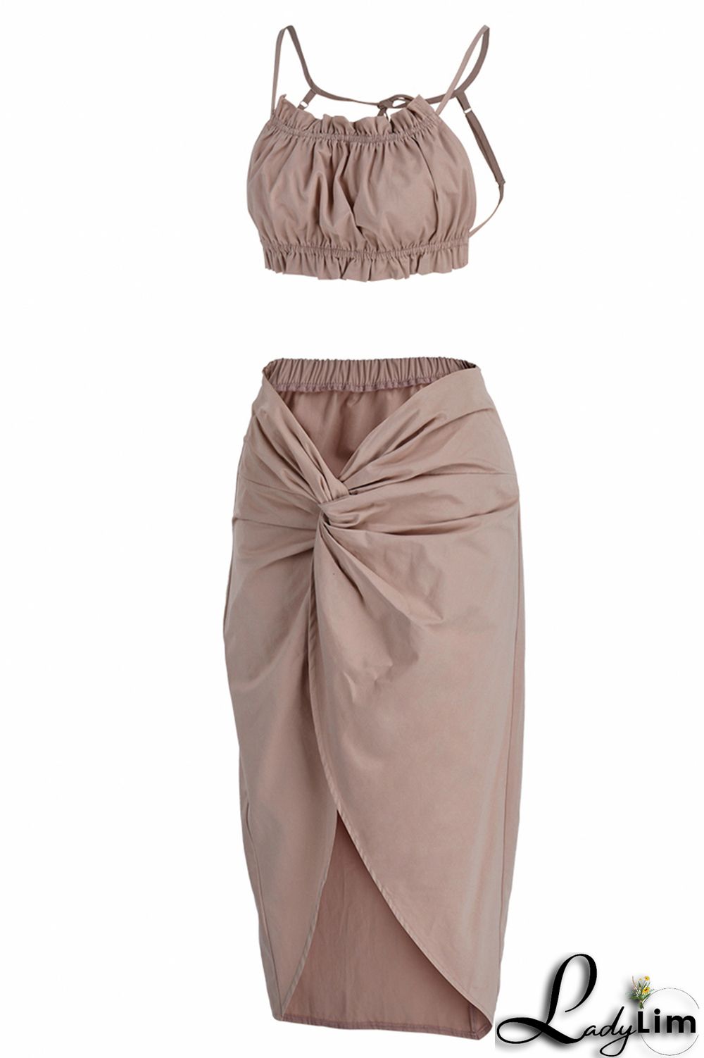 Apricot Sexy Casual Solid Bandage Backless Asymmetrical Halter Sleeveless Two Pieces