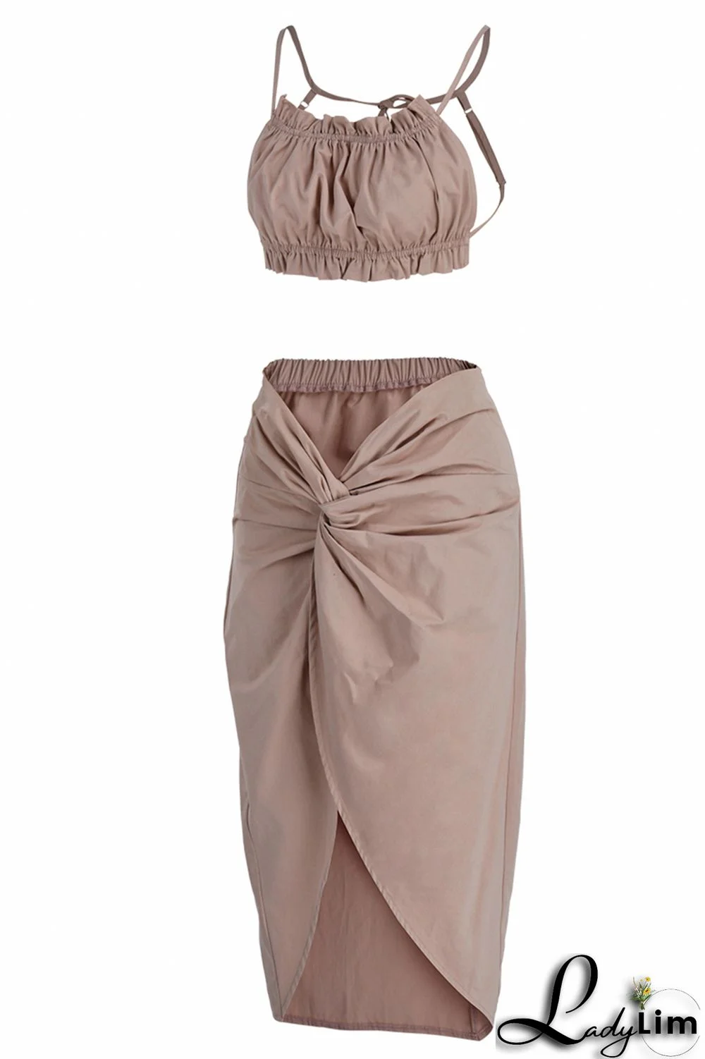 Apricot Sexy Casual Solid Bandage Backless Asymmetrical Halter Sleeveless Two Pieces