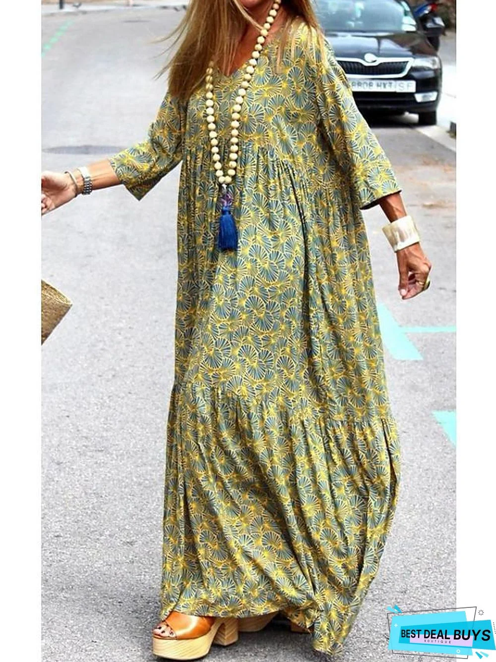 Women's Swing Dress Maxi Long Dress 3/4 Length Sleeve Print Summer Casual Green