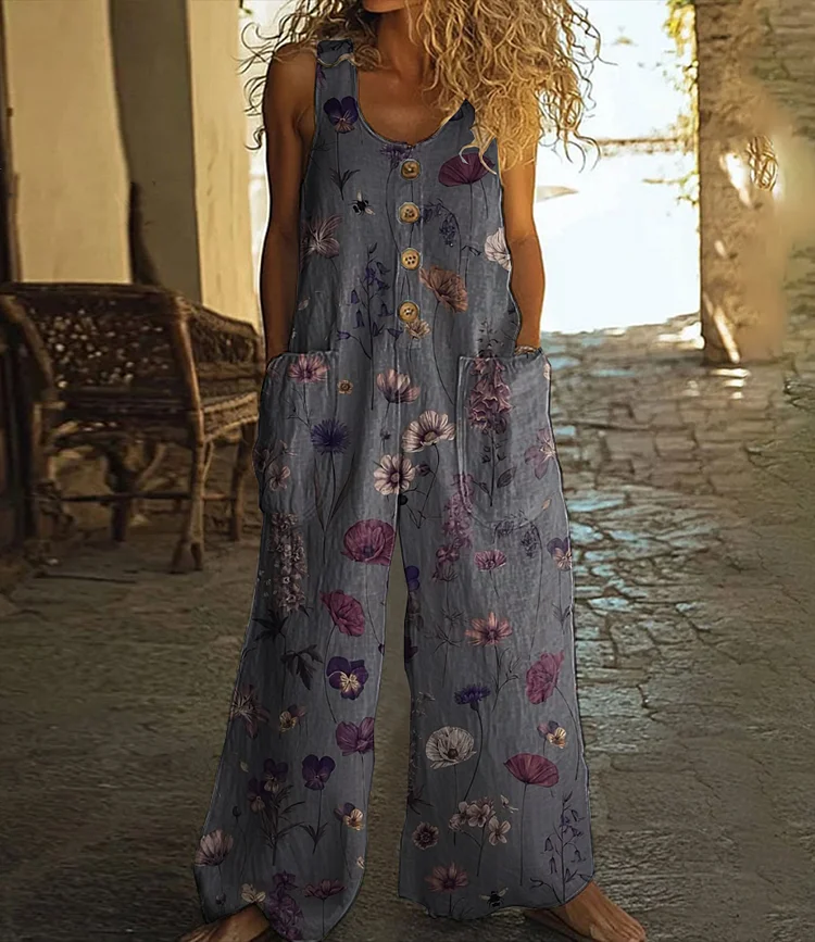 Vintage Floral Art Print Casual Wide Leg Jumpsuit