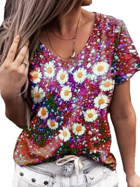Women Short Sleeve V-neck Floral Printed Top