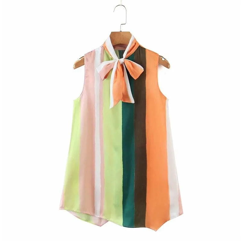 PUWD Casual Woman Loose Stripe Lacing Sleevles Tops 2021 Summer Fashion Female Oversized Tanks Laides Colorful Bow Beach Vest