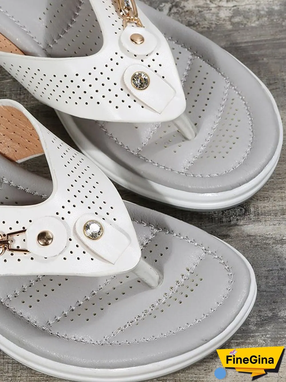 Metal Rhinestone Slope Heel Flip-Flops