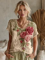 Women's Vintage Floral Art Linen Crew Neck Short Sleeve T-shirt - Image 3