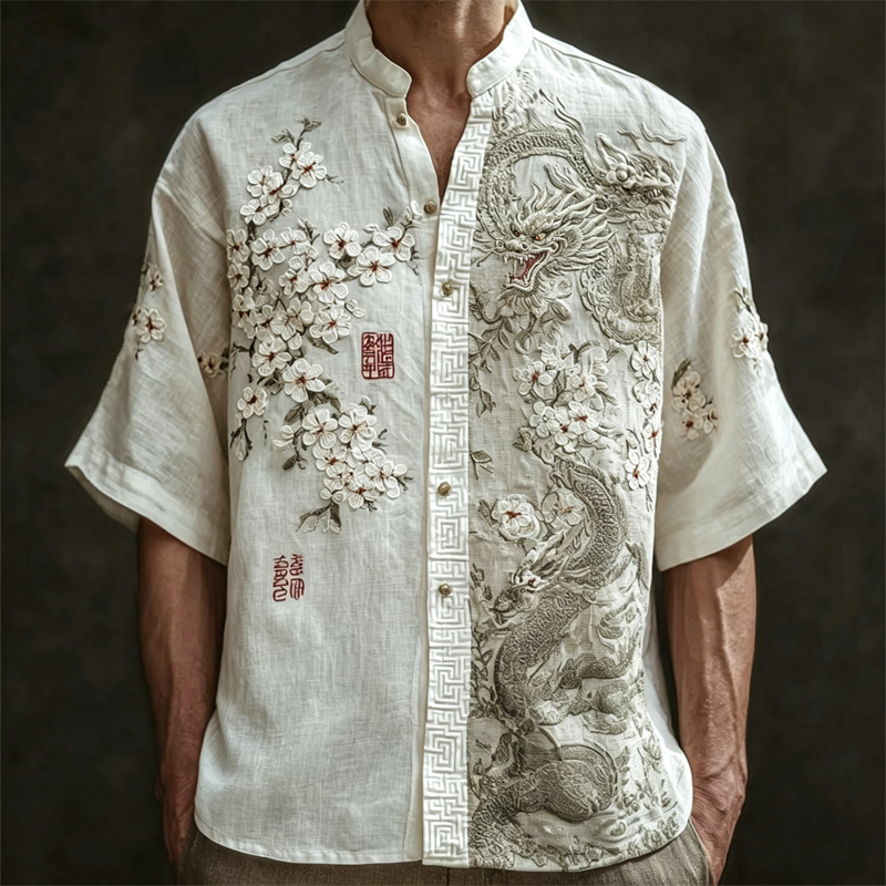 Men's Bloody Samurai Cat & Snake Japanese Art Linen Shirt elevenforest