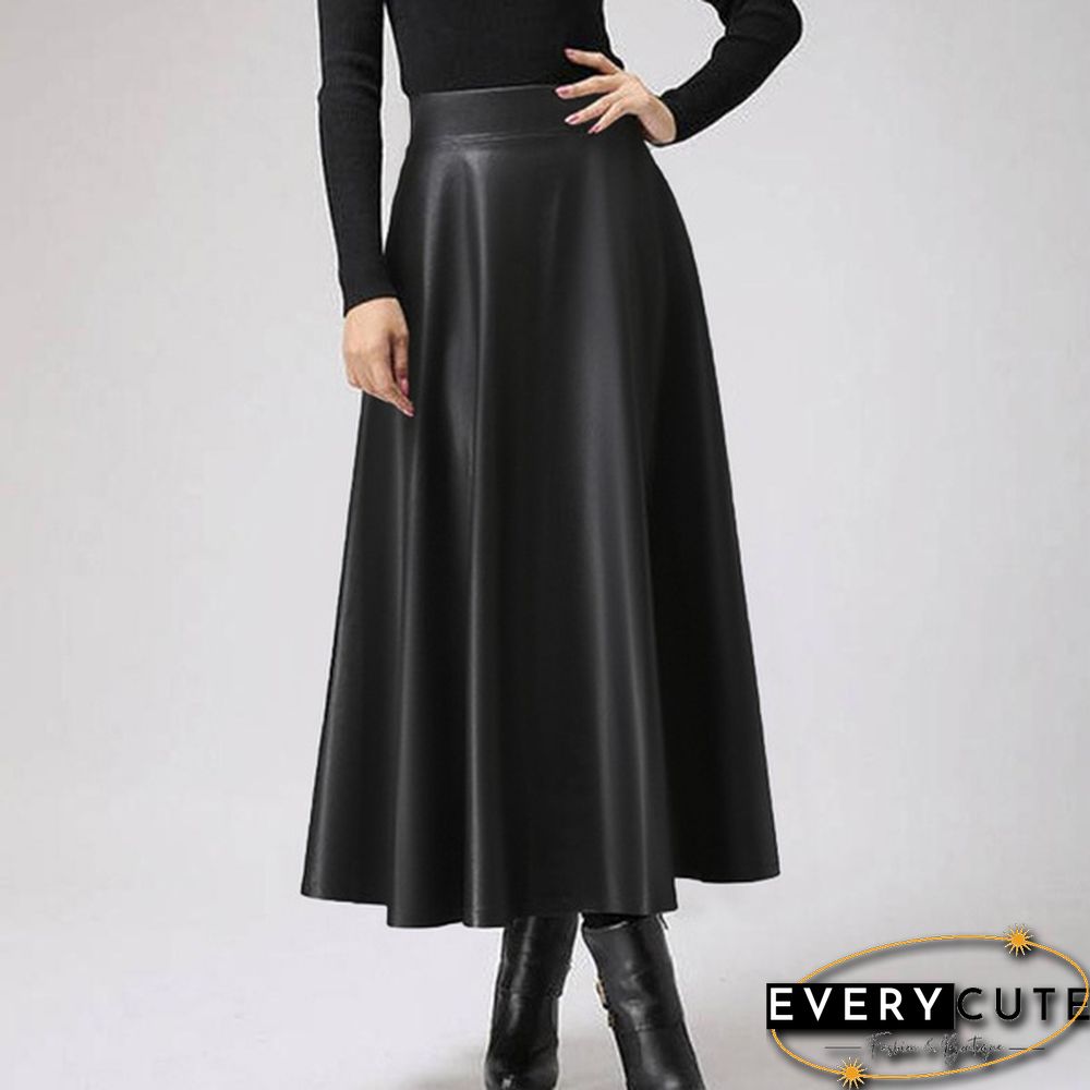 S- Women Faux Leather Vintage Maxi Long Skirts High Waist Pleated Big Swing Skirt Dress