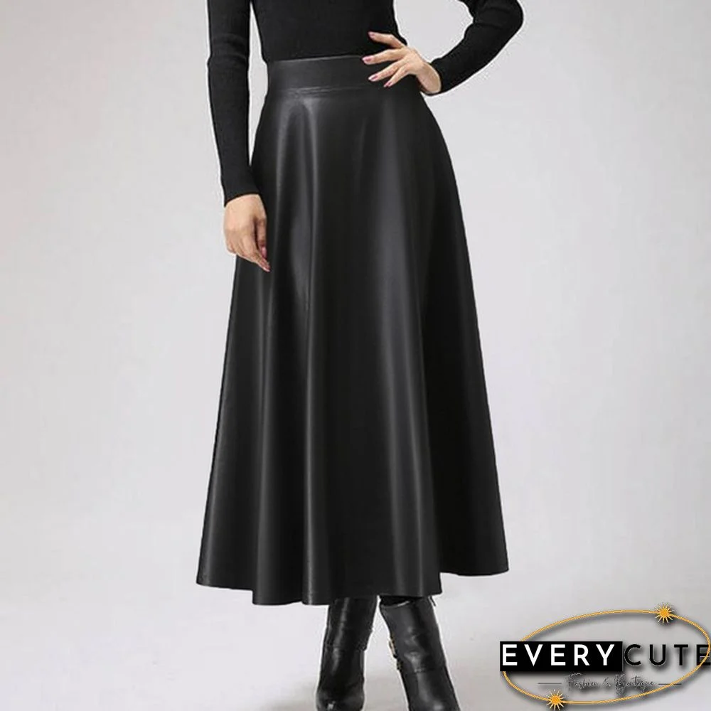 S- Women Faux Leather Vintage Maxi Long Skirts High Waist Pleated Big Swing Skirt Dress