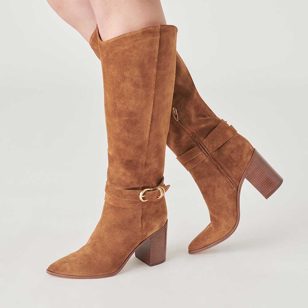Brown Pointed Toe Buckle Strap Knee High Heel Boots with Zipper Nicepairs