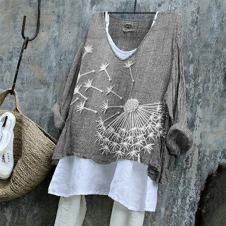 Utbros Classy Dandelion Embroidered Linen Blend Tunic