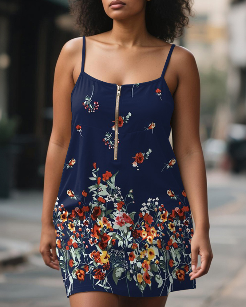 Women's Plus Size Blue Floral Print Sling Zipper Mini Dress