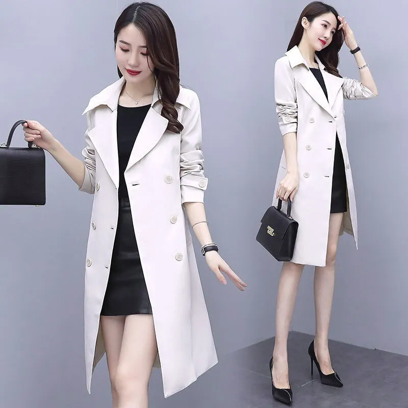 2021 New Spring Elegant Women Double Breasted Solid Thin Trench Coat Vintage Turn-down Collar Warm Trench With Belt Plus Size