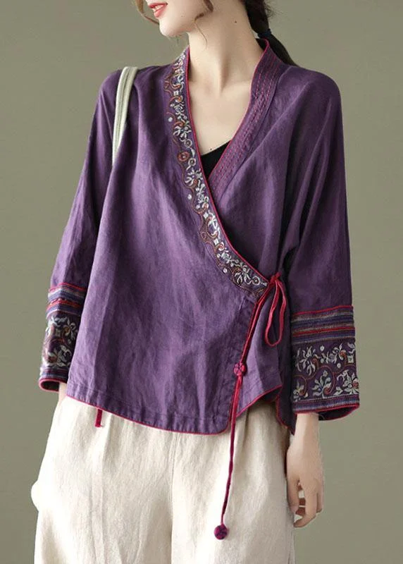 Purple Embroideried Long sleeve Linen Shirt