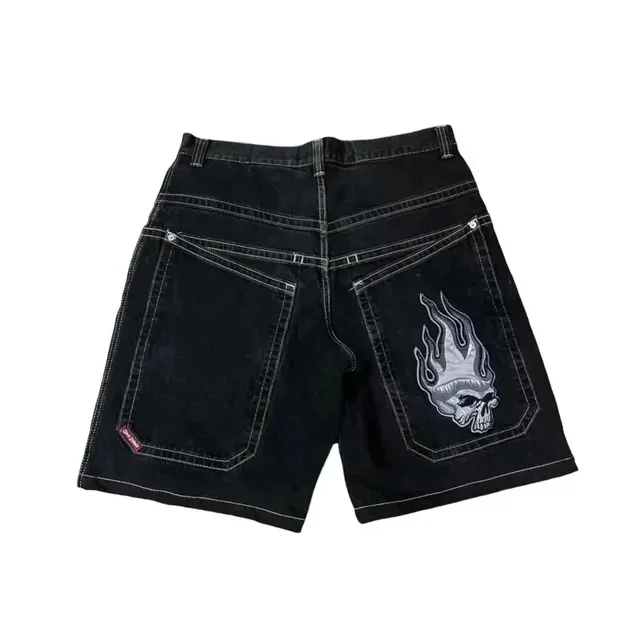 Nulclover fall outfits Hip Hop Retro Skull Embroidery JNCO Shorts Y2K Retro Denim Gym Baggy Jeans Shorts Black Pants High Waist Mens Basketball Short