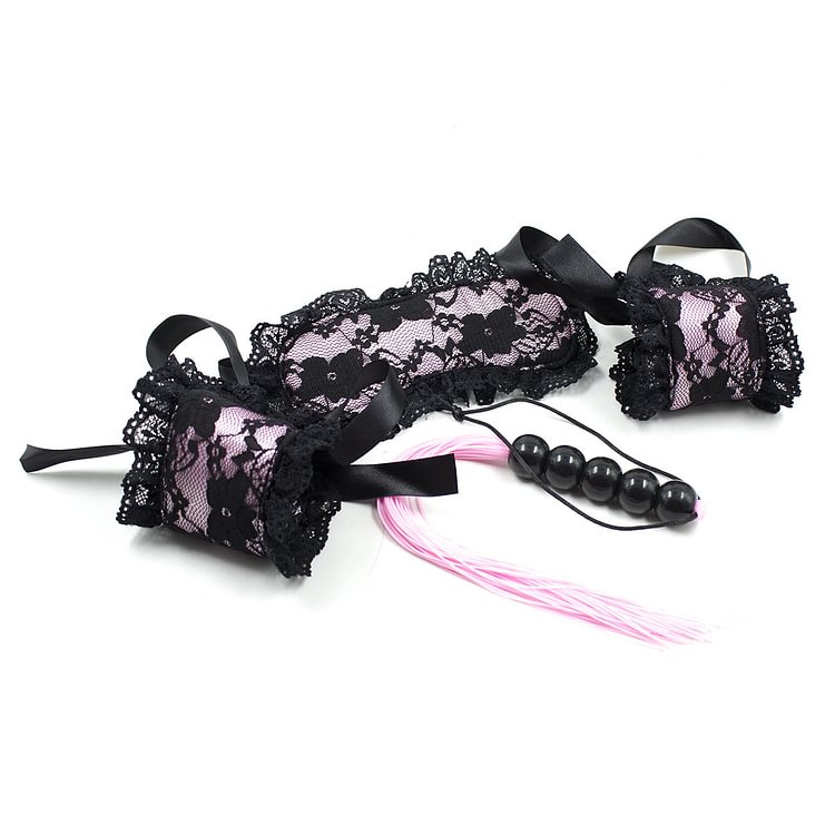Lace Handcuffs and Blindfold Leather Whip Set