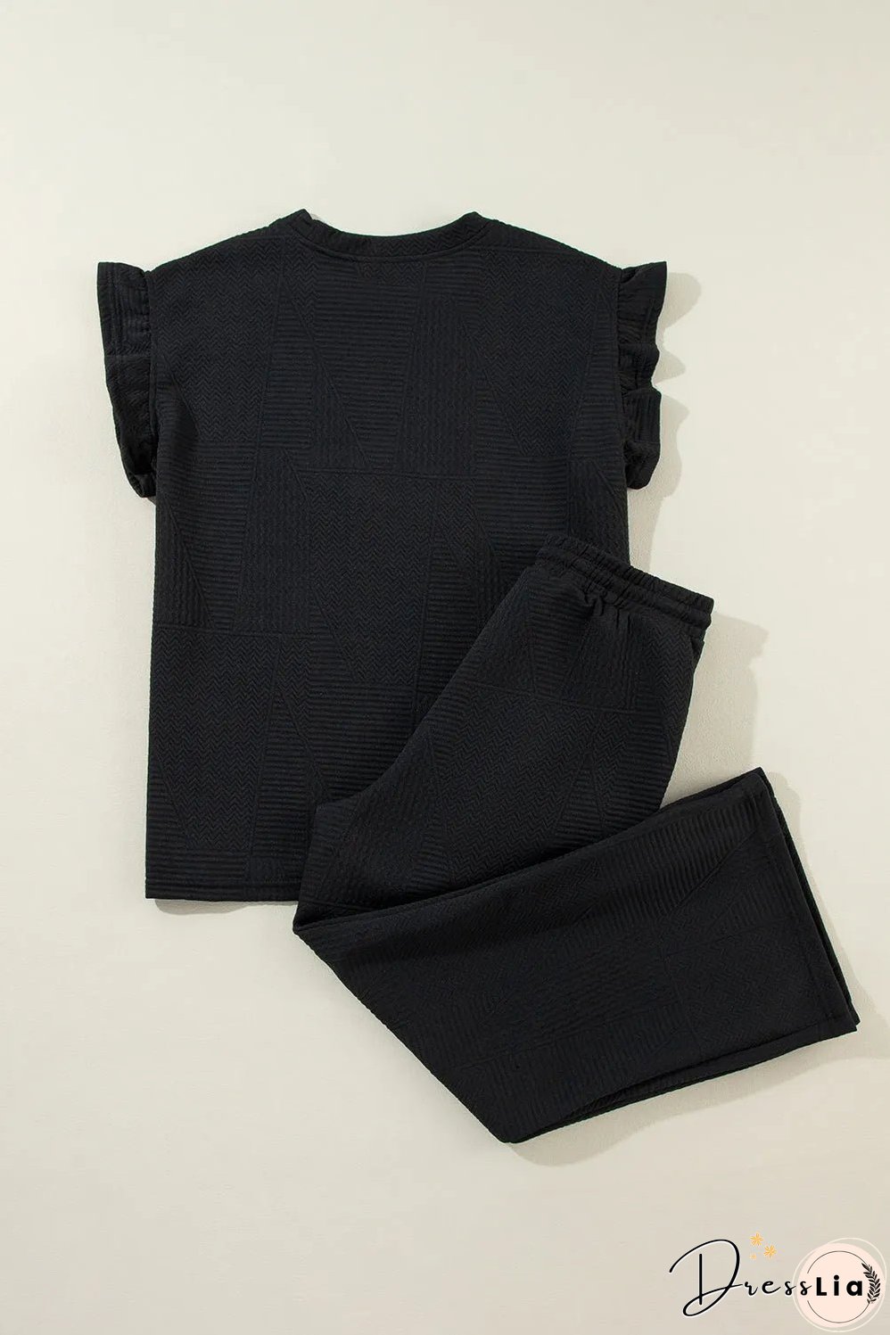 Black Ruffled Sleeve Summer Top and Cropped Loose Pants Set