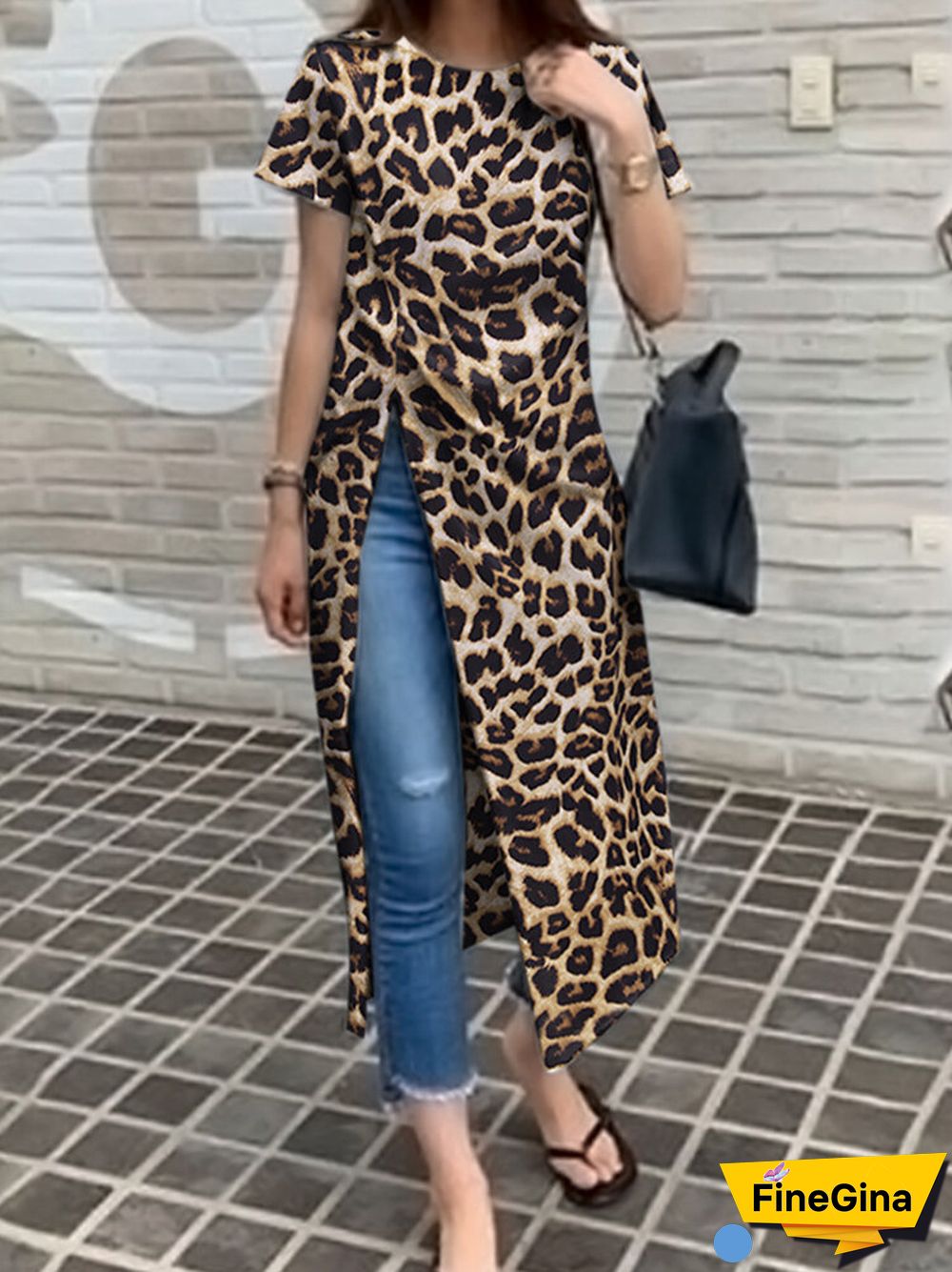 Leopard Split Twist Round Neck Short Sleeve Casual T-Shirt