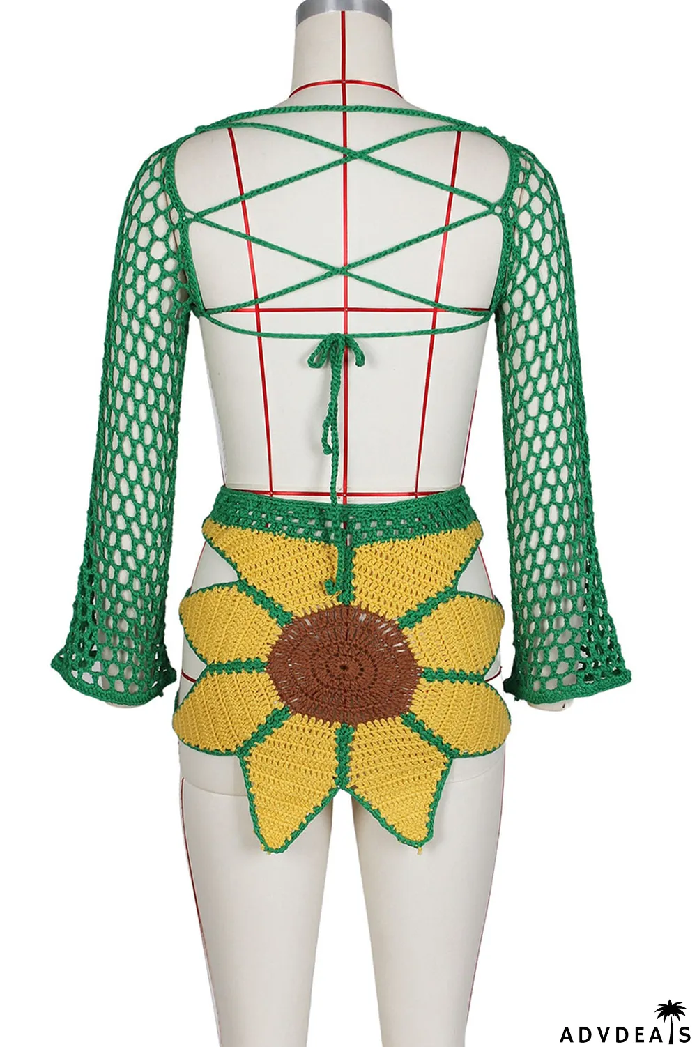 Green Yellow Sexy Solid Bandage Hollowed Out Patchwork Backless V Neck Long Sleeve Two Pieces