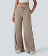 2026🔥 Halara Ribbed SoCinched High Waisted Tummy Control Drawstring Wide Leg Color Block Casual Trousers with Pockets