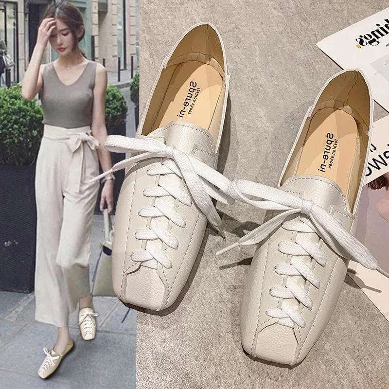 Casual Square Toe Platform Shoes New Spring Lace-Up PU  Loafers Women Shoes 2021 Soft Flat with Leather Shoes Female
