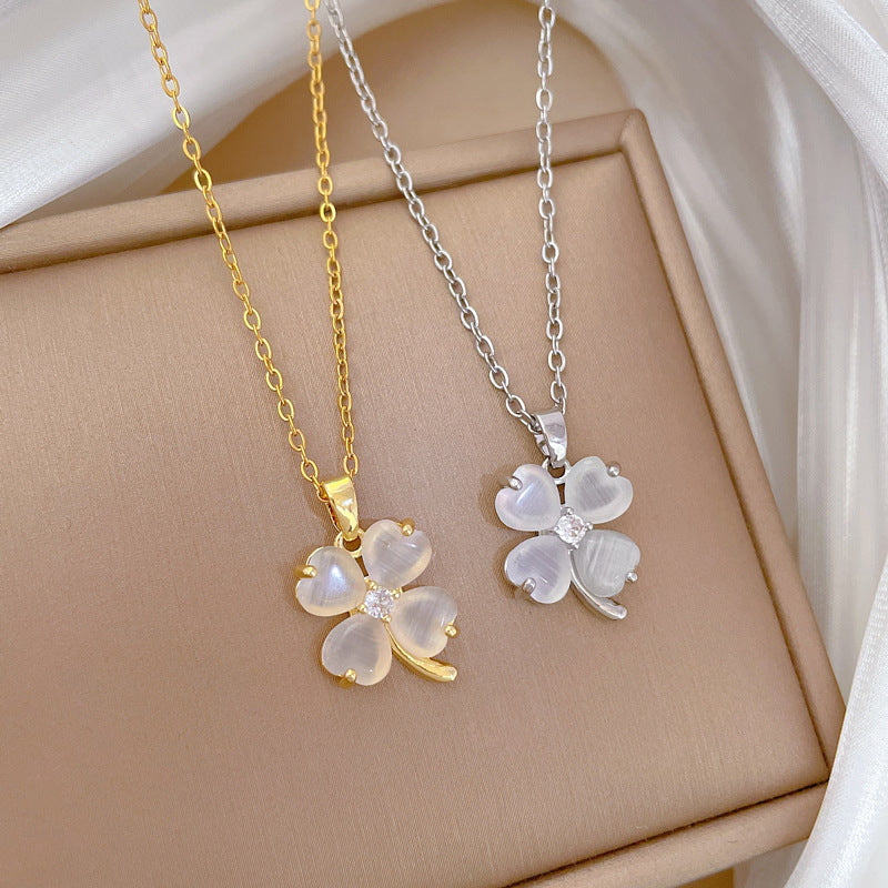 Cat'S Eye Clover Fashion Gorgeous Full Diamond Necklace Women'S All-Match Clavicle Chain Titanium Steel