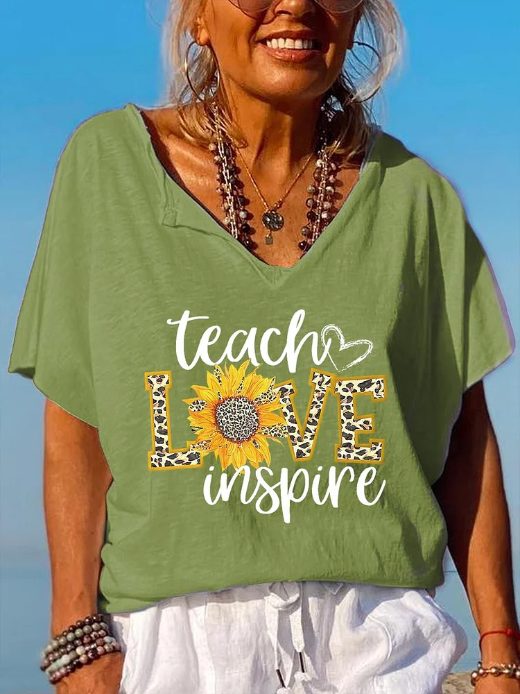 Teach Love Inspire Sunflower V Neck T-shirt-06557