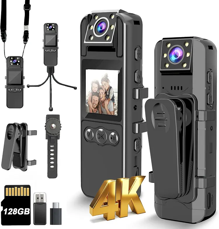 Mini Camera with Audio and Video Recording, Ultra 4K Body Cam with 180&deg; Rotating Lens, 6HR Battery, IR Cut Auto Night Vision, 128GB Body Worn Camcorder Personal Civilians Police Law Enforcement