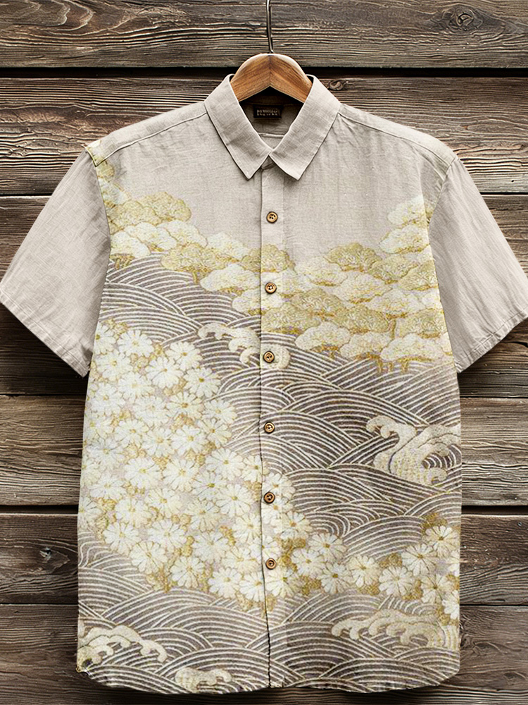 Vintage Japanese Art Pattern Comfy Linen Shirt  artssus